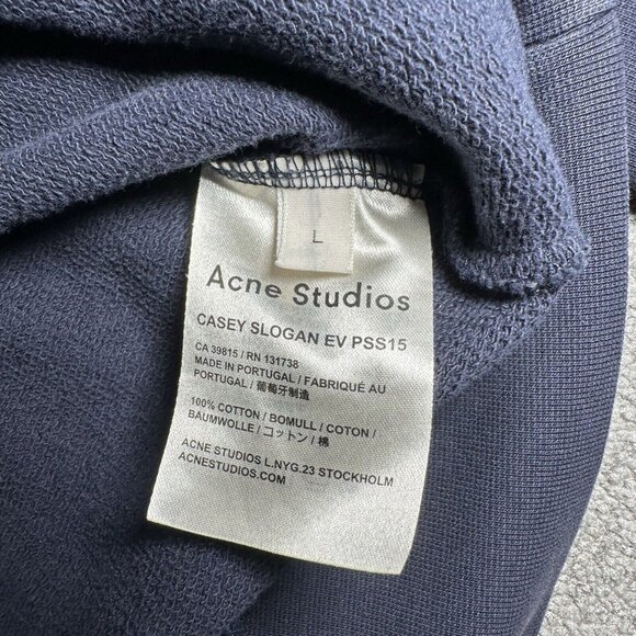Acne Studios Casey Slogan Everything Sweatshirt Mens Large Navy Jumper Crewneck - Picture 4 of 9